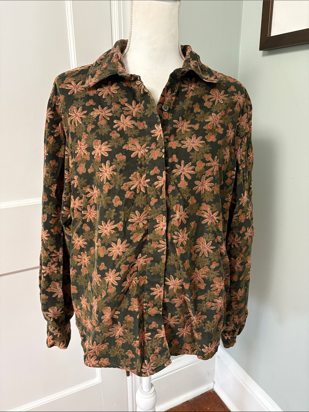 Woolrich Olive Green Floral Button-Down Shirt Corduroy Size XL